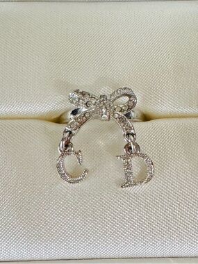 Christain Dior Silver Crystal Bow Ring with CD Dangle with COA